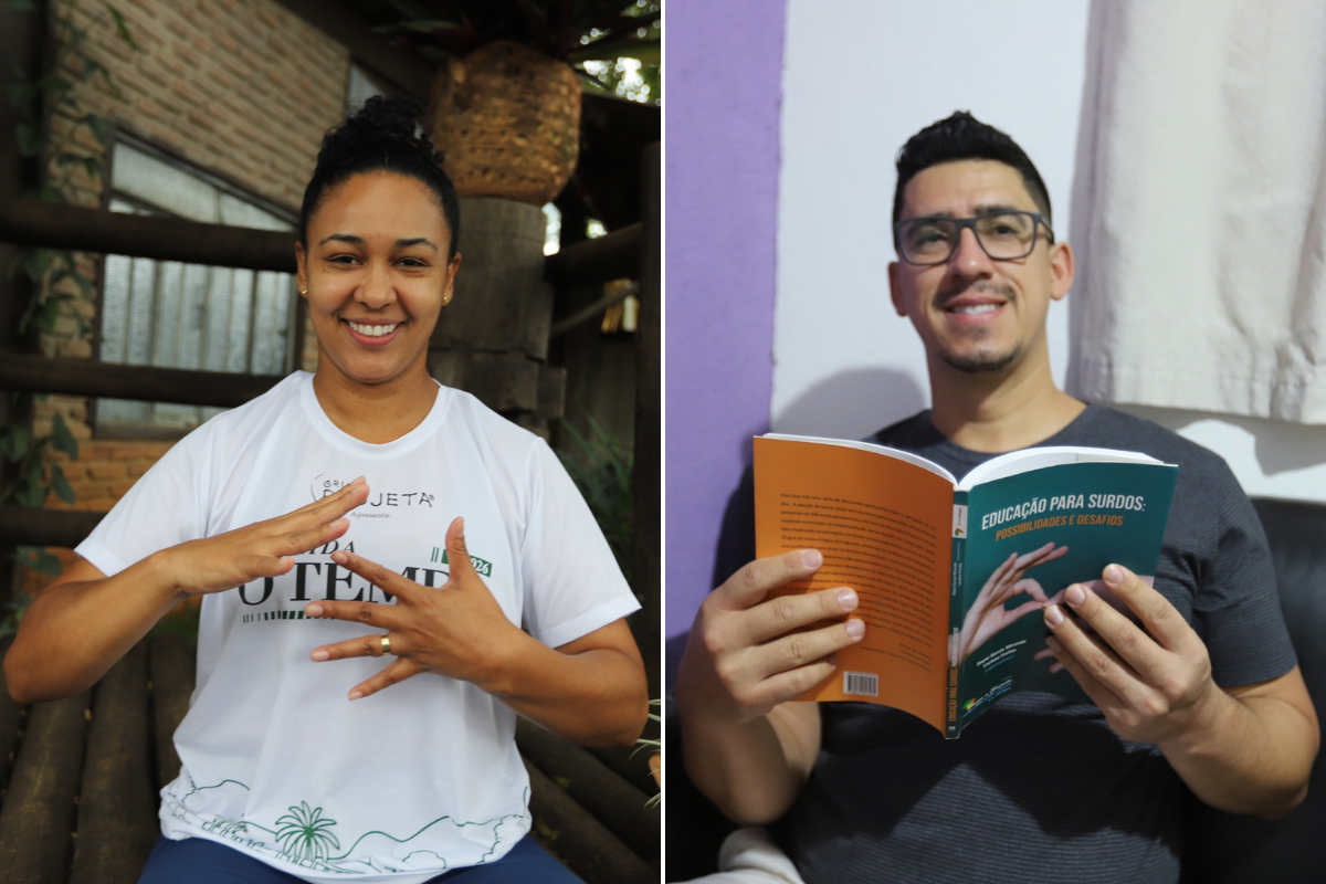 Priscila é surda, instrutora de Libras e acredita que ainda há muito a melhorar no quesito acessibilidade para a comunidade surda; para Ricardo, mais pessoas sabendo Libras e mais intérpretes facilitariam a comunicação com pessoas surdas