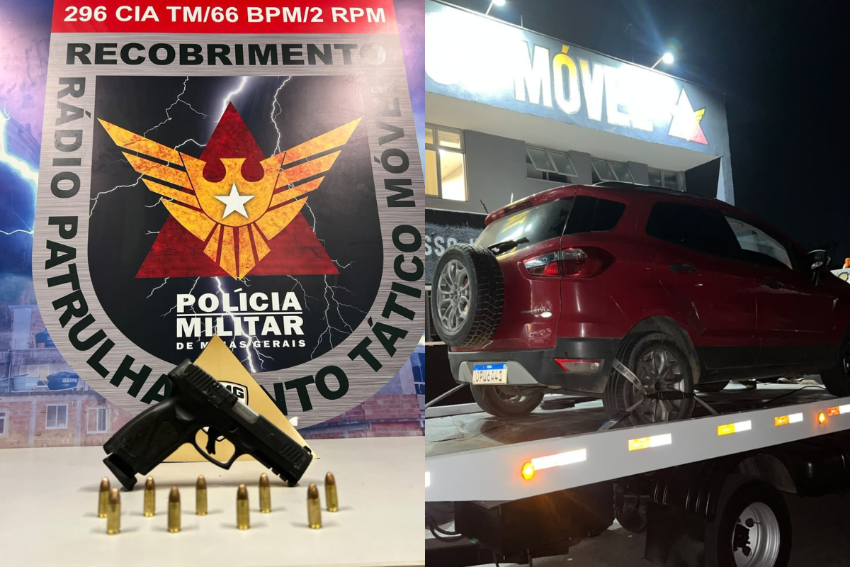 Foram apreendidos uma pistola Taurus G3 9mm, um carregador, nove munições e um celular, além de um carro ter sido recuperado