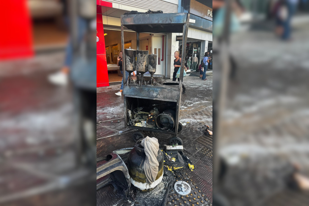 Carrinho ficou destruído após ser consumido pelas chamas na tarde desta terça-feira (30/6)