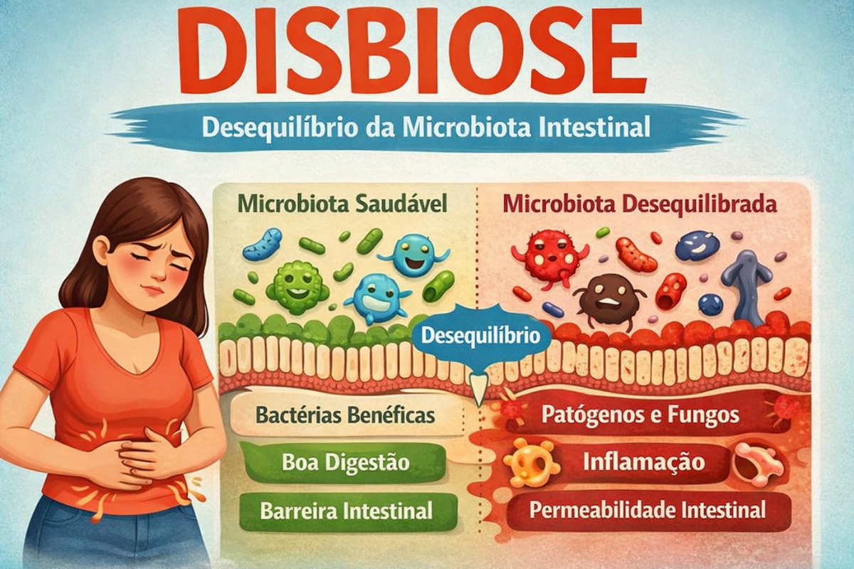 Chamamos de disbiose intestinal o desequilíbrio da microbiota, o conjunto de trilhões de bactérias, vírus e fungos que habitam nosso intestino