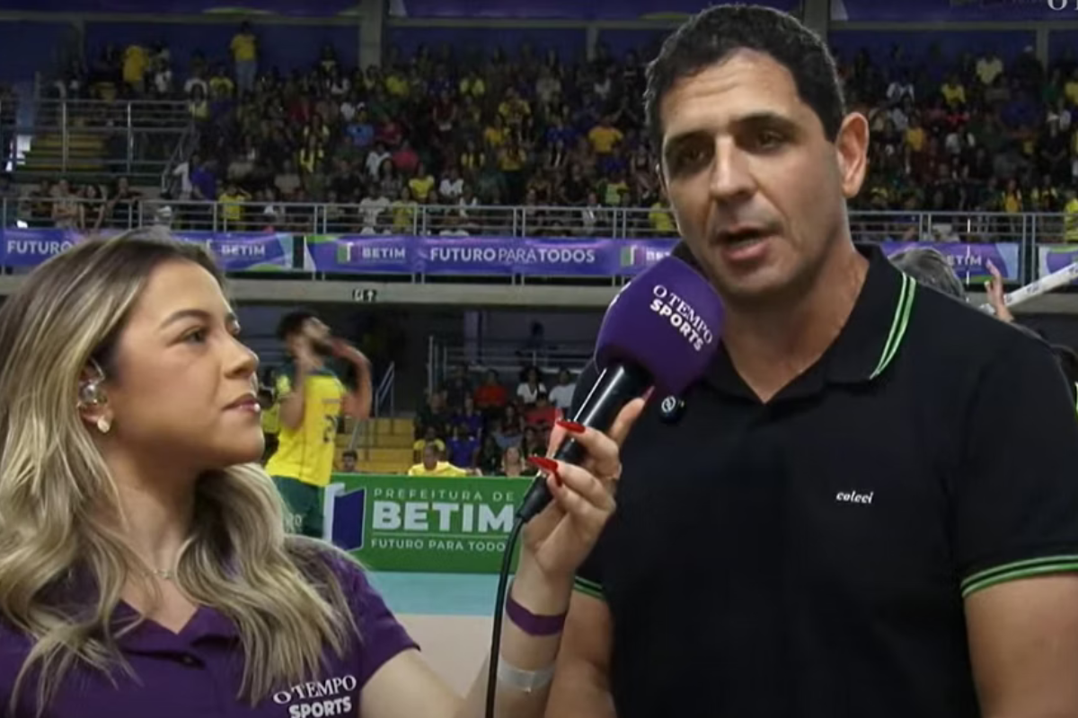 Heron Guimarães concedeu entrevista à repórter Maria Gabriela Meirelles, na quadra do Ginásio Divino Braga