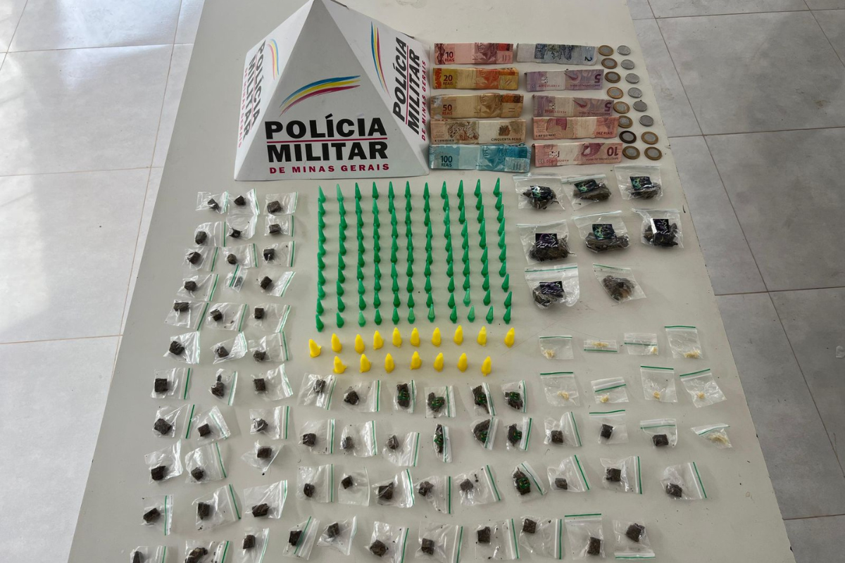 Foram apreendidas 73 buchas de maconha, 127 pinos de cocaína, nove pedras de crack e R$ 275 em dinheiro