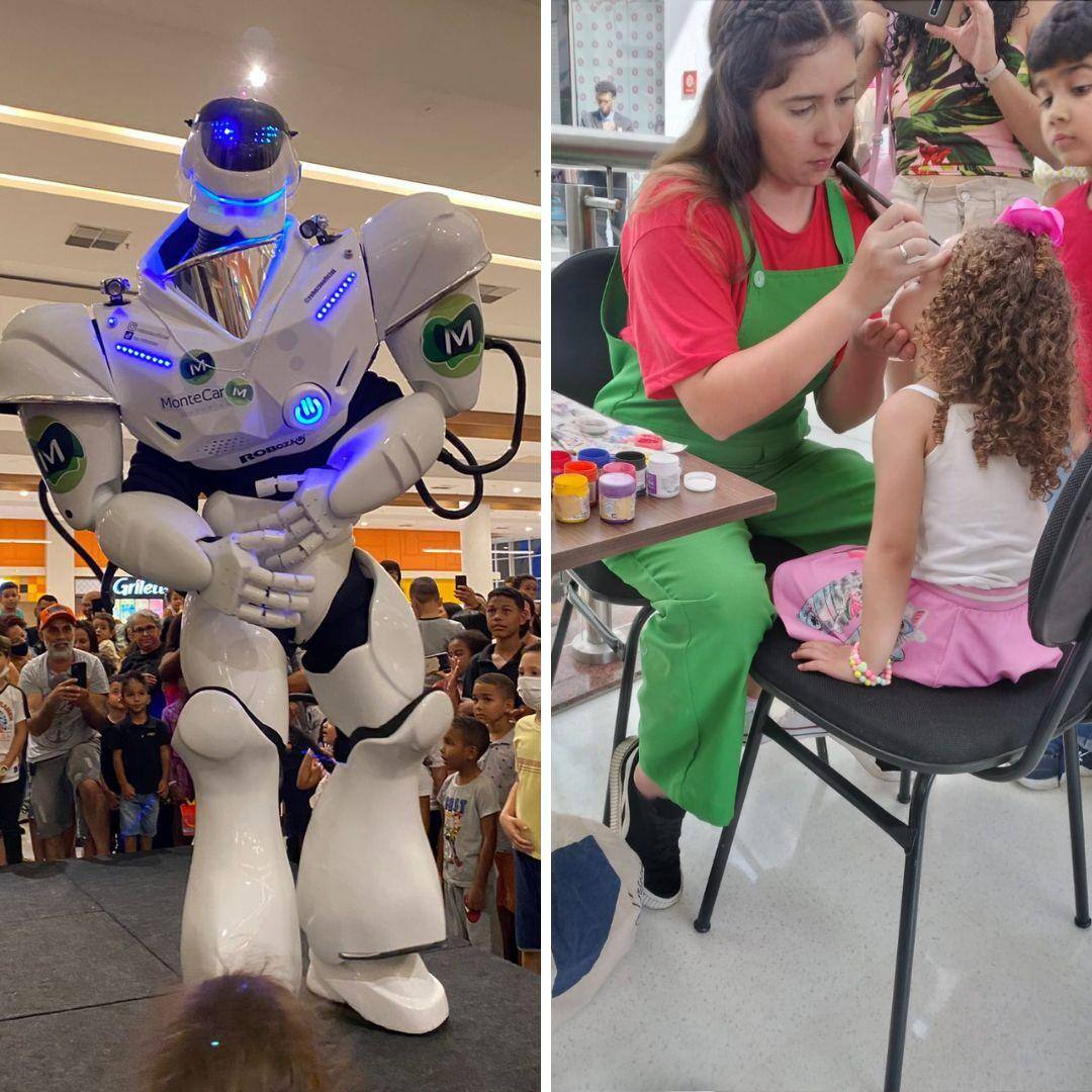No Monte Carmo, uma das atrações é o Robozão, e, no Partage Betim, a oficina de pintura facial