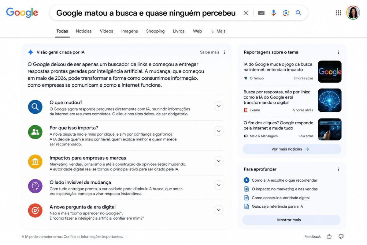 Antes, quando alguém pesquisava algo no Google, ele entregava uma lista de sites. 
Agora, a IA responde a possíveis perguntas e ainda resume opiniões em segundos.