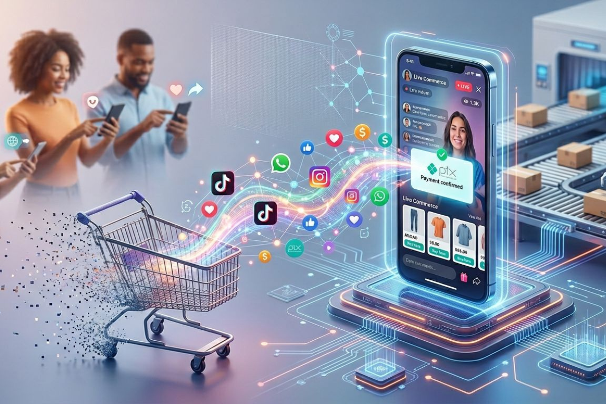O carrinho de compras começa a sair de cena porque representa pausa, e a nova economia não quer pausa, quer fluxo; o Brasil não apenas acompanhou esse movimento, ele o reinventou 