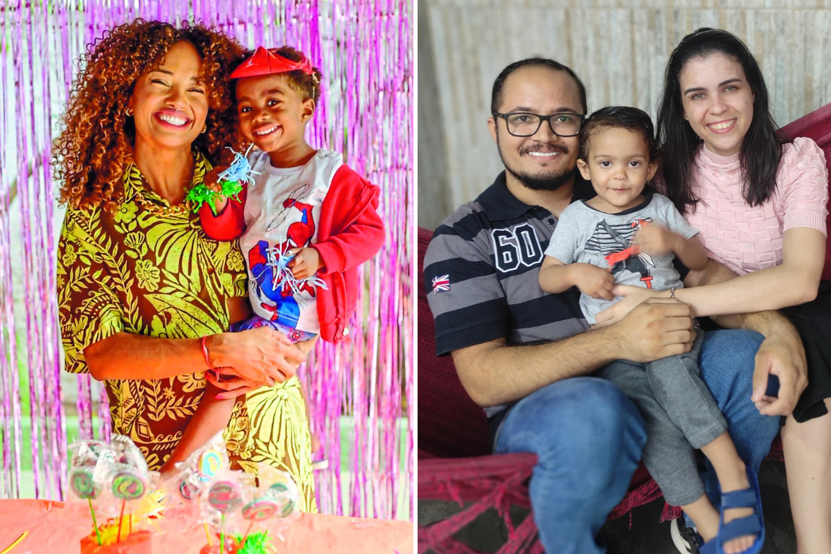 Patrícia Silvério, mãe de Dayo, de 3 anos, está animada com o primeiro dia de aula; Henrique e Natália, pais de João Paulo, de 2 anos. Ele é o mais novo dos três irmãos, e começa na escola na terça (4)