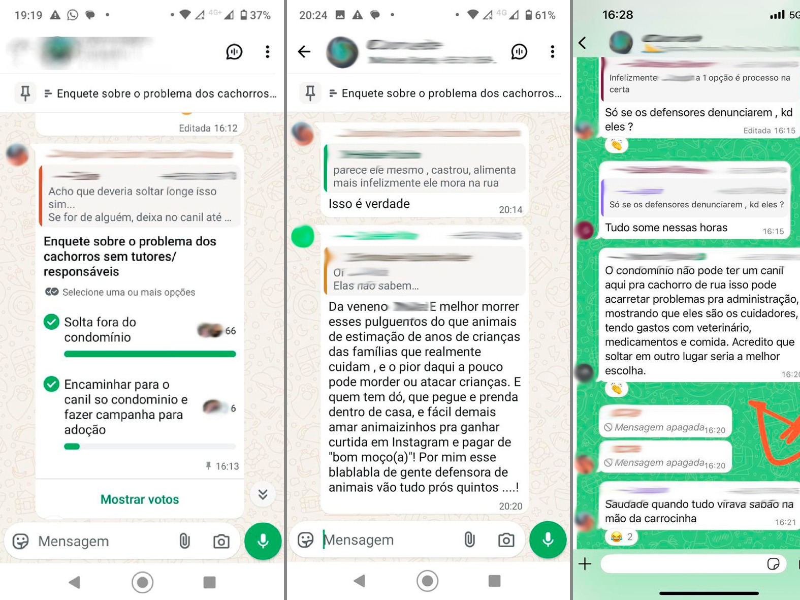 Prints de conversas do grupo de moradores do condomínio mostram placar da votação