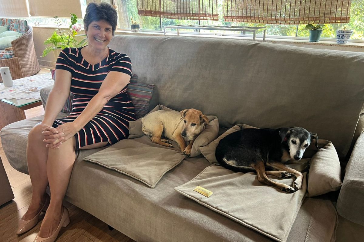 Desirée Hoffmann é tutora de seis cães, entre eles Lucky e Pretinha, duas cadelas idosas que recebem carinho e atenção redobrados
