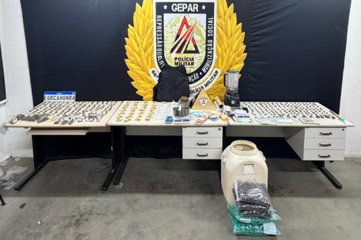 Foram apreendidas 272 buchas de maconha, 40 porções da mesma droga e 277 pinos com substância semelhante à cocaína. Também foram recolhidos R$ 1.356,00 em dinheiro, um rádio comunicador, duas balanças de precisão, pacotes para embalar entorpecentes, materiais usados no laboratório, folhas de seda, coletes balísticos, celular e uma moto de cor preta