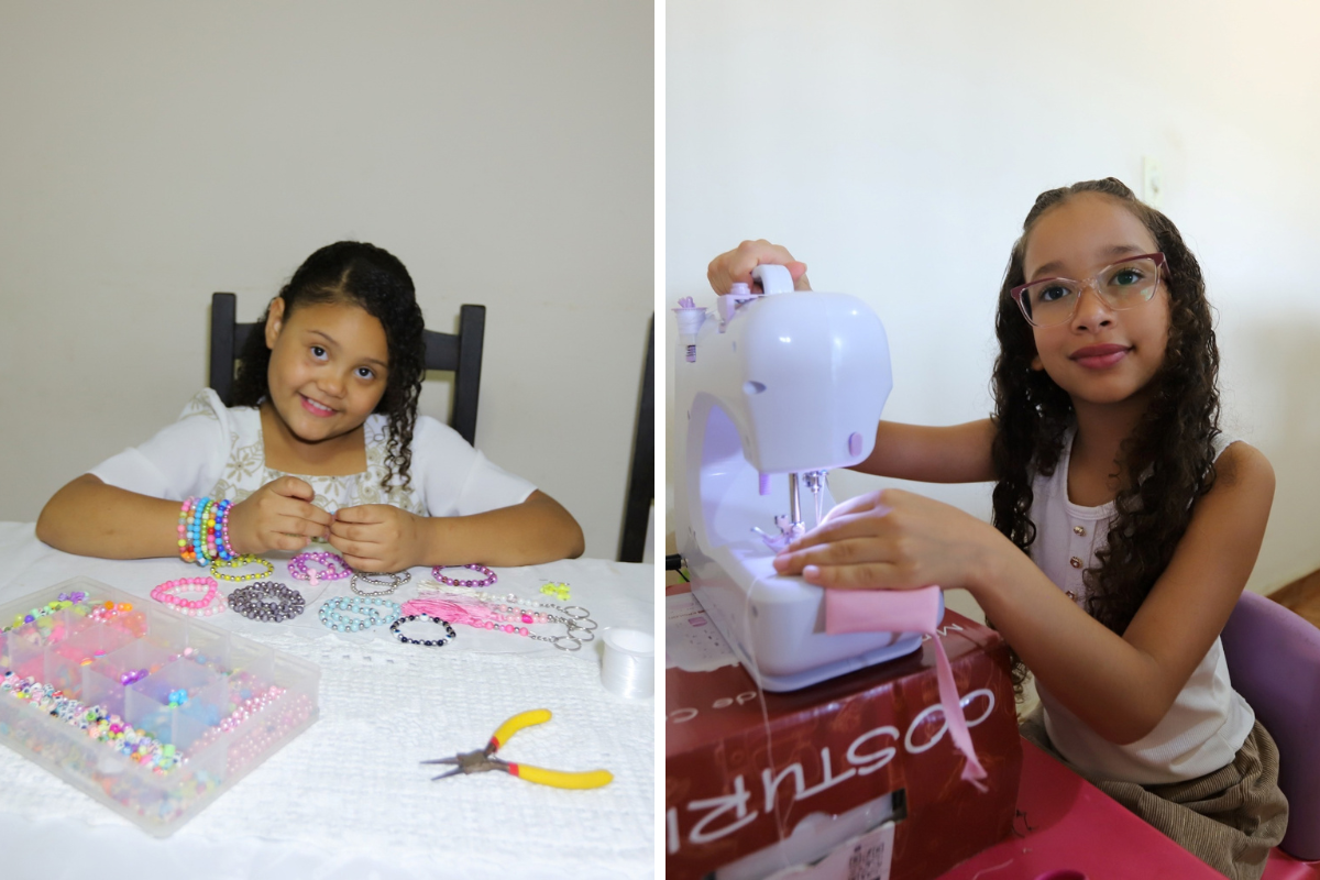 Lívia (esquerda), de 9 anos, decidiu aos 5 que ia vender pulseiras para ter seu próprio dinheiro; aos 9 anos, o sonho de Duda (direita) é ser estilista e criar um vestido de noiva