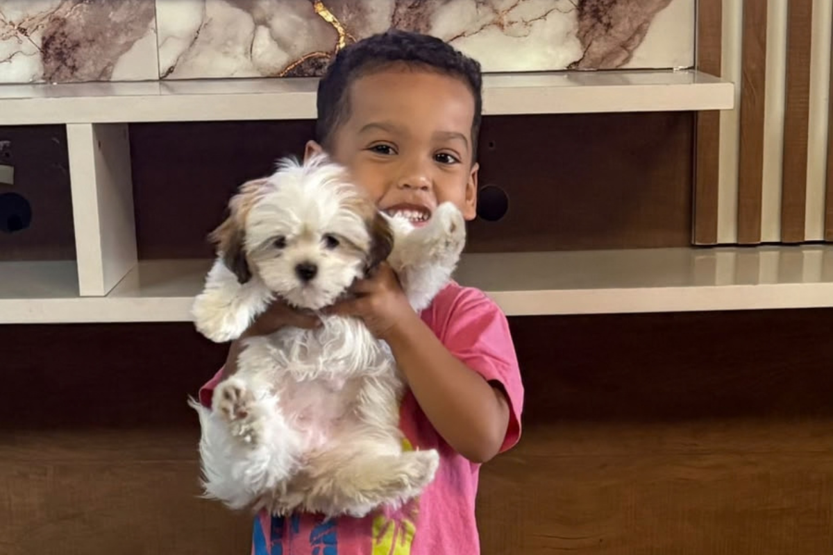 A cadela, branca com marrom e que também atende pelo nome de Mel, é companheira de Victor Lucca, de 3 anos
