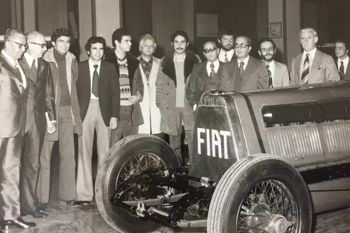 Jornalistas brasileiros durante a visita as instalações da Fiat, em Turim, em 1975
