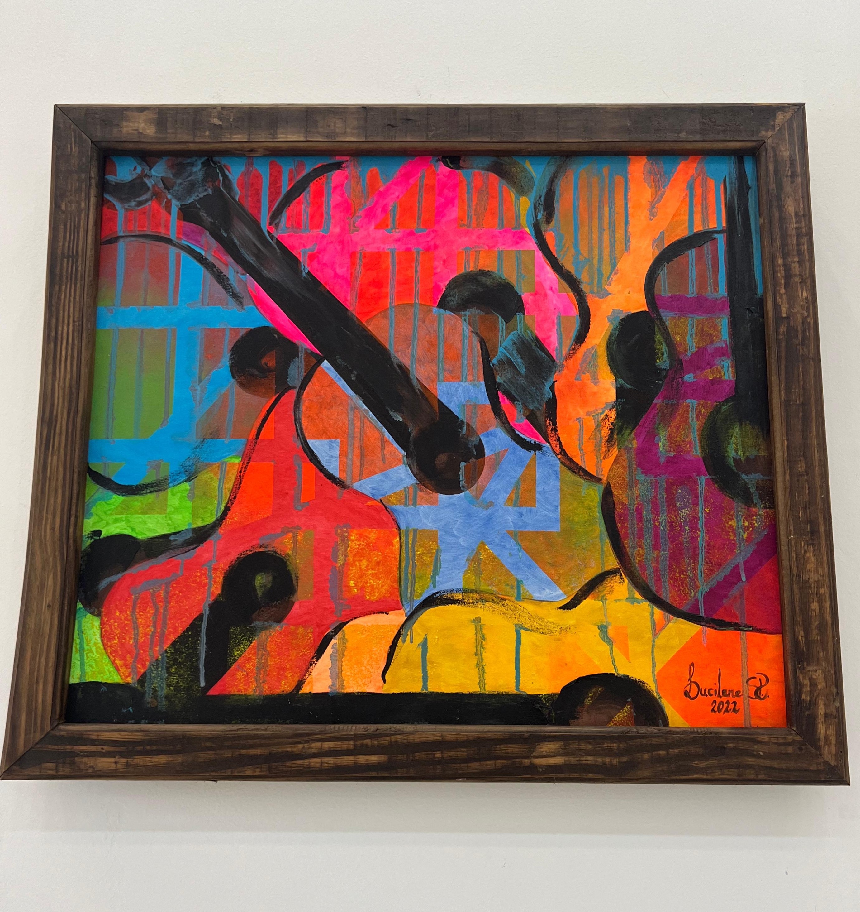 Os quadros da artista interagem com o público por meio de cores, tons e frequências visuais