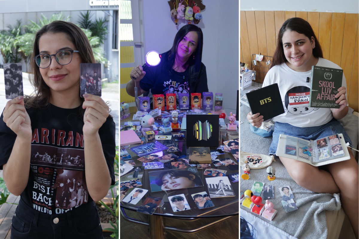 Aline Fidelis, Renata Valentim e Ana Almeida são algumas das fãs do BTS em Betim. Elas colecionam itens em homenagem ao grupo e já se organizam para ir ao show em outubro