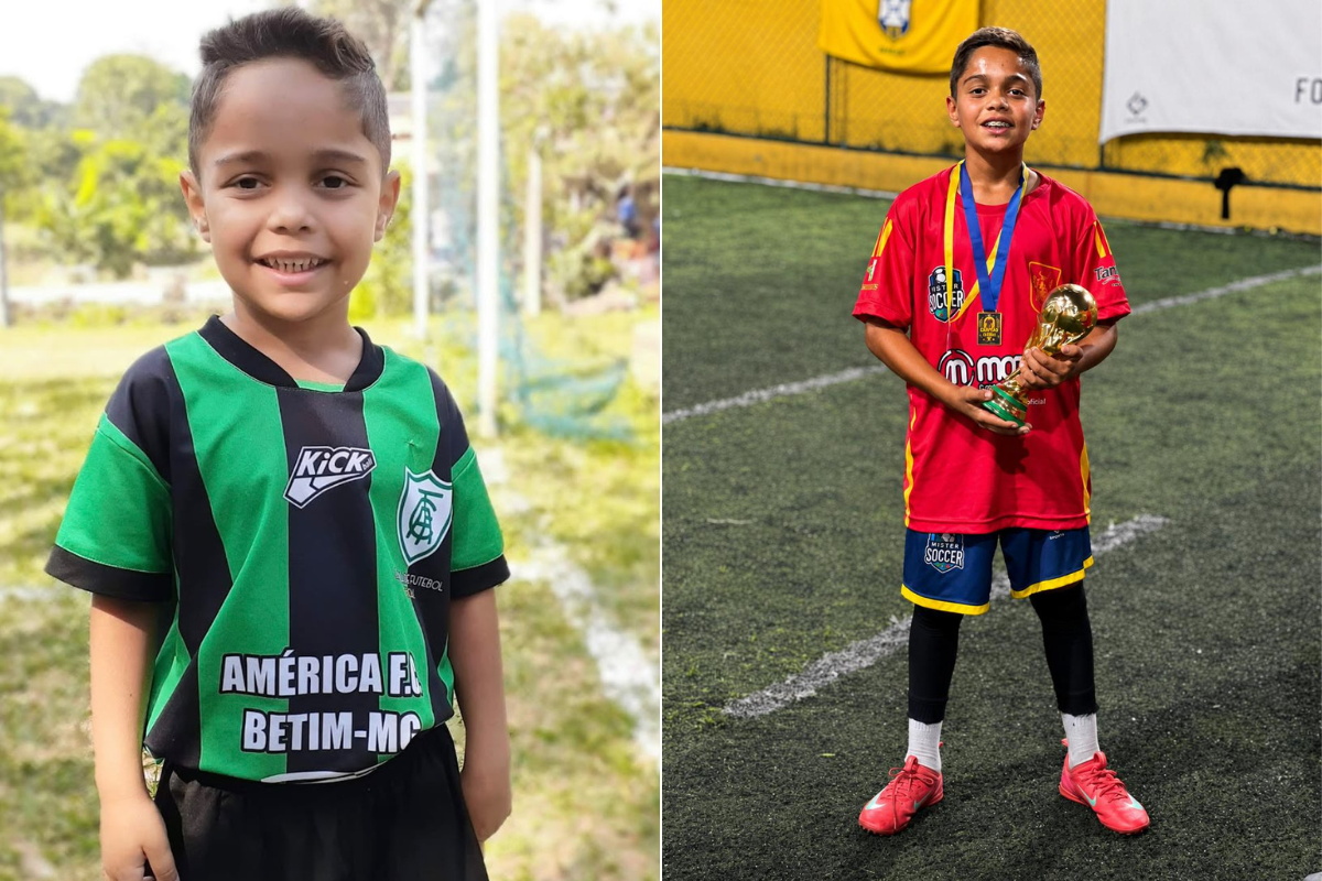 Bernardo começou a jogar bola aos 4 anos (à esquerda); hoje, aos 12, realiza o sonho de integrar a base de um clube